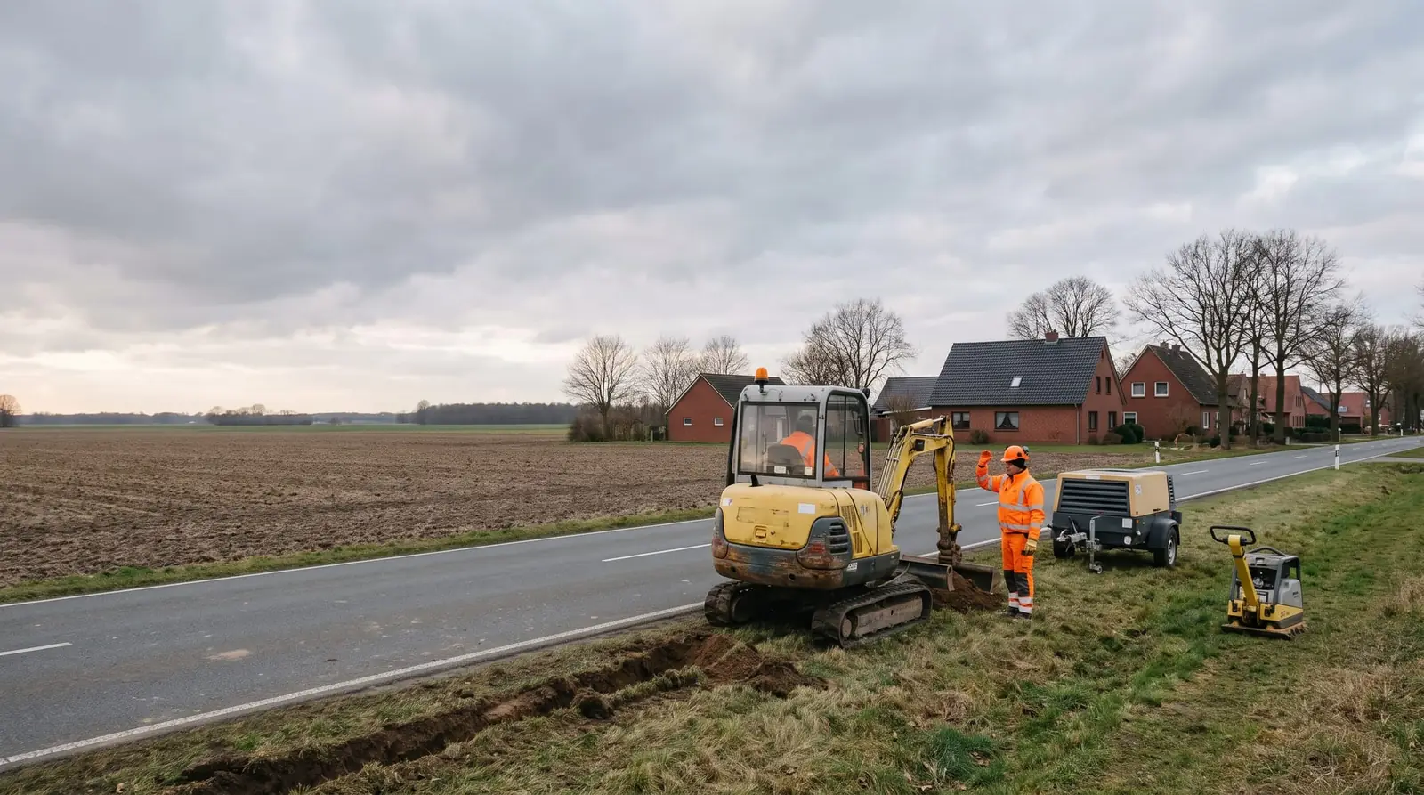 Minibagger, Baukompressor und Rüttelplatte beim Glasfaserausbau an einer Landstraße im Emsland