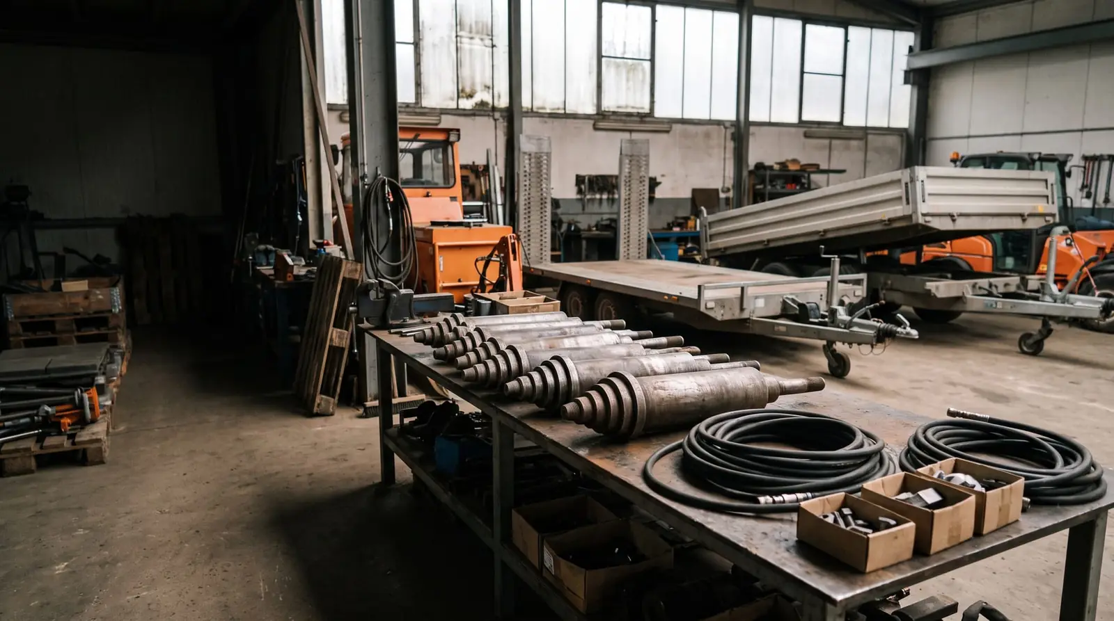 Werkstatt mit Erdraketen, Druckluftschläuchen und Anhänger